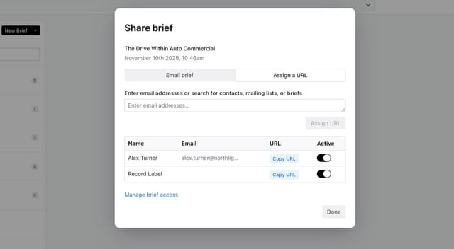 Share briefs by assigning a URL